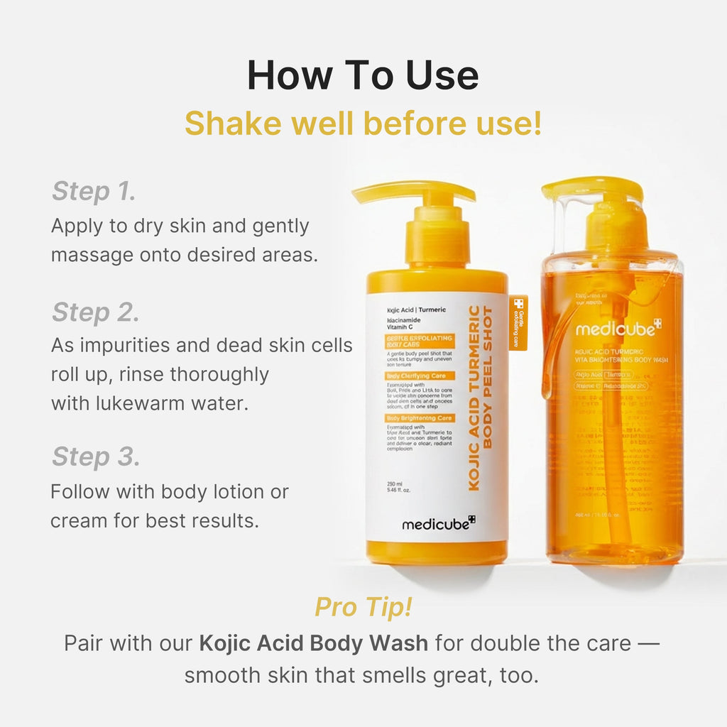 Kojic Acid Turmeric Body Peel Shot - A stylish little care ritual.